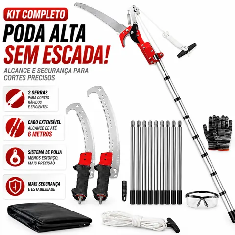 Foto do anúncio: Kit Podador de Galhos Altos 2 em 1 Telescópico 3,5m com Serrote, Tesoura de Poda e Acessórios para Árvores e Jardim