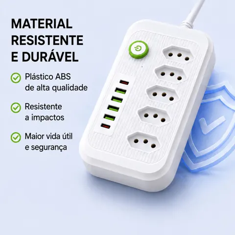 Foto do anúncio: Régua Filtro de Linha com 5 Tomadas Extensão Elétrica 4 USB e 1 USB-C Bivolt 10A 110v/220v Cabo de 2 Metros