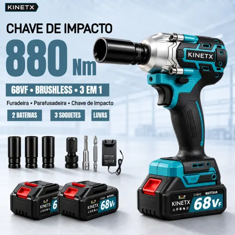 Foto do anúncio: Kit Chave de Impacto KINETX 880Nm 68VF 3 em 1 Brushless 1/2" Furadeira Parafusadeira com 2 Baterias 3 Soquetes e Luvas