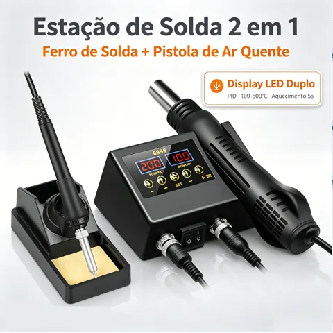 Foto do anúncio: Estação de Solda 2 em 1 com LED Duplo - 100-500°C, 600W/60W, Controle PID, Inclui 5 Pontas e Acessórios