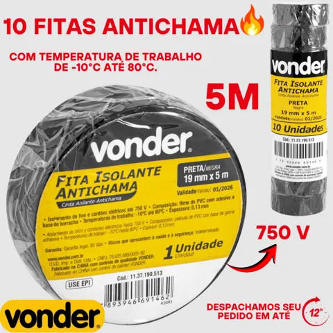 Foto do anúncio: Oferta de 1 até 10 Fita Isolante Antichamas Resistente 19mmx5M Vonder Preta Pronta Entrega Envio Rápido