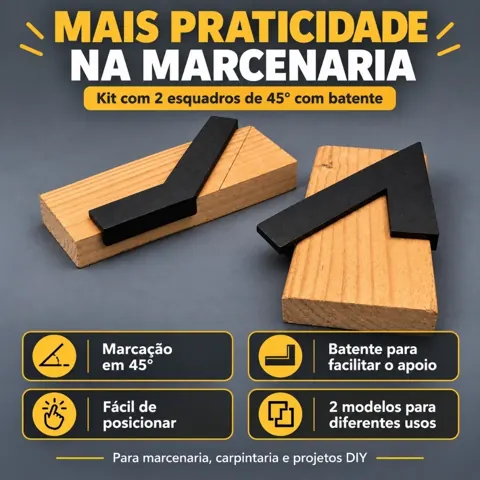 Foto do anúncio: Kit 2 Esquadros Angulares 45° com Batente para Marcenaria – Preto