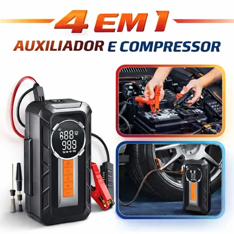 Foto do anúncio: Compressor de Ar Portátil 4 em 1 Sem Fio + Auxiliar de Partida + Power Bank + Lanterna LED Carro Moto