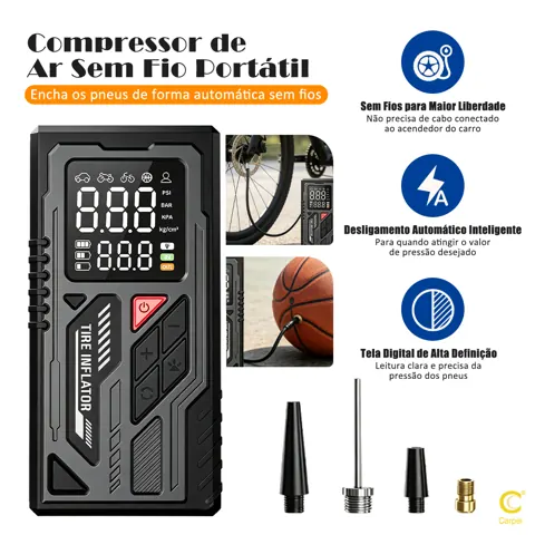 Foto do anúncio: Compressor de Ar Portátil 3 em 1 Sem Fio Digital Inflador de Pneus Carro Moto Bike com Bateria Recarregável e Power Bank