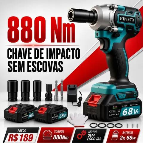 Foto do anúncio: Chave De Impacto 880Nm Kinetx Motor Brushless Sem Fio Parafusadeira Furadeira Profissional 2 Baterias 68Vf Kit Acessório