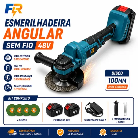 Foto do anúncio: Esmerilhadeira Angular Sem Fio 48V 4" 100mm 2 Baterias + 4 Discos Profissional