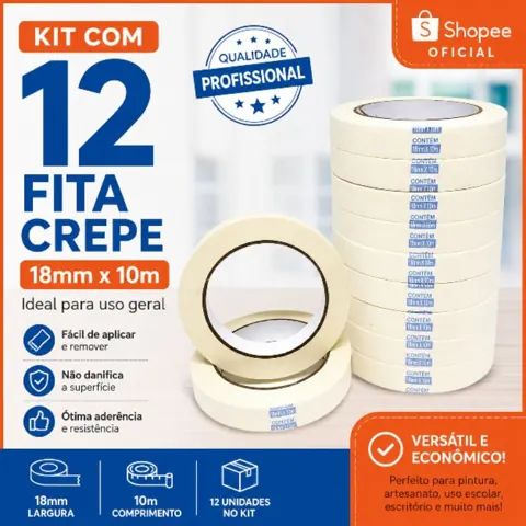 Foto do anúncio: Kit 12 Fita Crepe 18mm x 10m Multiuso Pintura Escolar Artesanato Atacado Revenda