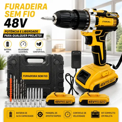 Foto do anúncio: Parafusadeira Furadeira Sem Fio 48V｜Dupla Função: Bateria Única (Caixa) / Duas Baterias+Maleta, acessórios inclusos