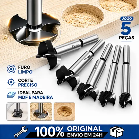 Foto do anúncio: Kit 5 Brocas Fresas Forstner 15 a 35mm para Madeira Furo Preciso para Montagem de Dobradiça Porta Armário