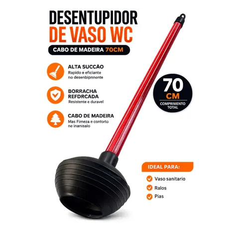 Foto do anúncio: Desentupidor de Vaso Sanitário WC 70cm Cabo de Madeira Borracha Reforçada Alta Sucção