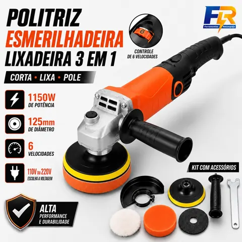Foto do anúncio: Esmerilhadeira Politriz e Lixadeira 3 em 1 125mm 1150W com 6 Velocidades 110V Kit Completo