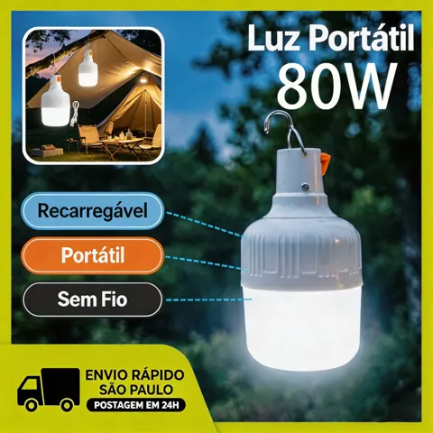Foto do anúncio: Holofote LED 80W Recarregavel Portatil Pesca Churrasco Jardim Area Externa Refletor Acampamento USB