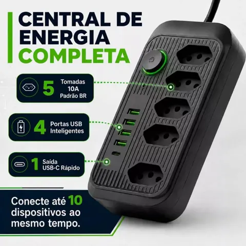 Foto do anúncio: Régua Filtro de Linha com 5 Tomadas Extensão Elétrica Universal 4 USB e 1 USB-C Bivolt 10A 110v/220v Cabo de 2 Metros
