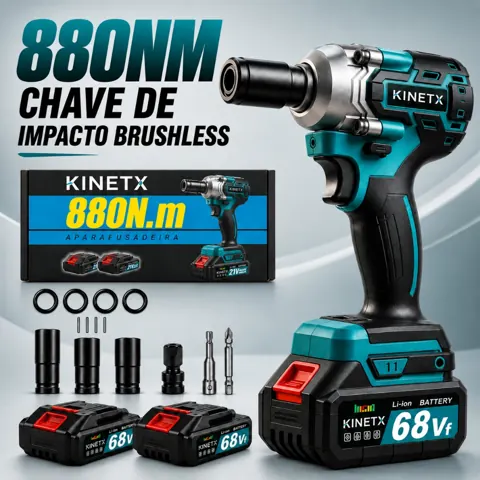 Foto do anúncio: Chave De Impacto KINETX Parafusadeira Brushless 880Nm Encaixe 1/2" 21V Sem Fio 3 Em 1 Kit 2 Baterias e Soquetes