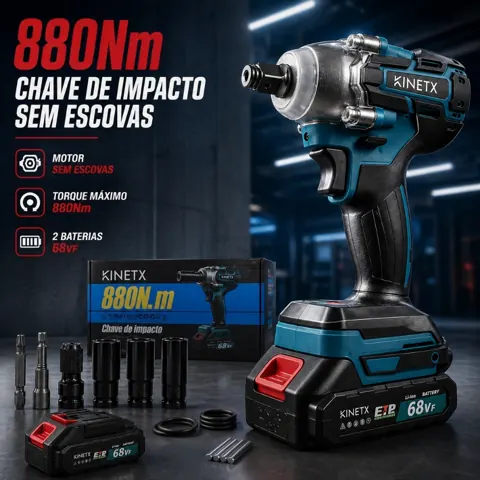 Foto do anúncio: Chave de Impacto a Bateria KINETX 880Nm 68Vf Motor Forte sem Fio com 2 Baterias e Carregador para Rodas Automotivas