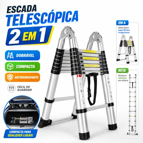 Foto do anúncio: Escada Telescópica Dupla 2 em 1 4.2 Metros Alumínio Dobrável Extensível Tipo A Reta Antiderrapante Profissional