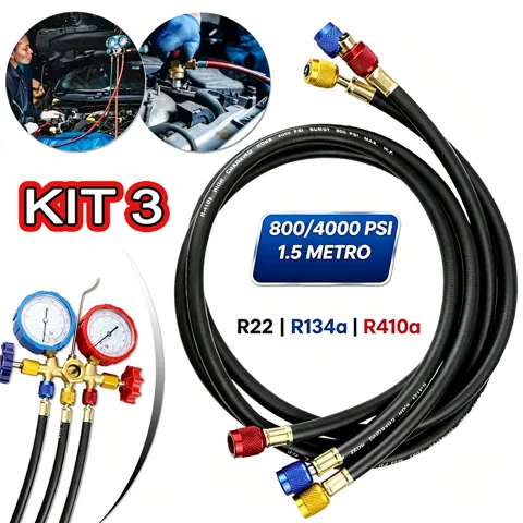 Foto do anúncio: Kit 3 Mangueiras Manifold Ar Condicionado 1,5m 800/4000PSI Conexão Latão R22 R32 R134a R410a Carga Gás Refrigerante