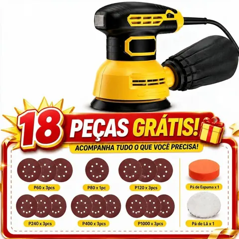 Foto do anúncio: Lixadeira Elétrica Roto Orbital 300W 18 Lixas Acessórios Inclusos 127V ou 220V Lixadora com Coletor de Pó Para Marceneir