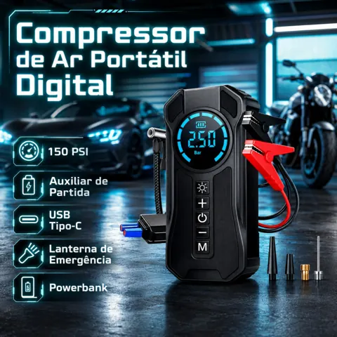 Foto do anúncio: Inflador Portátil Multi-função 8000 mAh - Power Bank, Auxiliar de Partida e Calibrador de Pneus