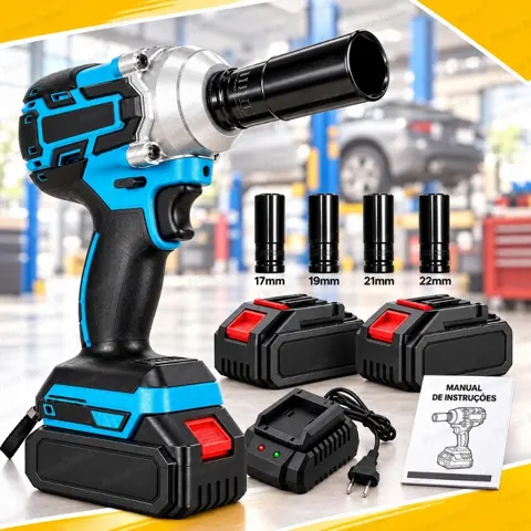 Foto do anúncio: Chave de Impacto Elétrica Sem Fio a Bateria de Lítio Kit 2 Baterias 4 Soquetes Carregador Rápido para Rodas e Porcas