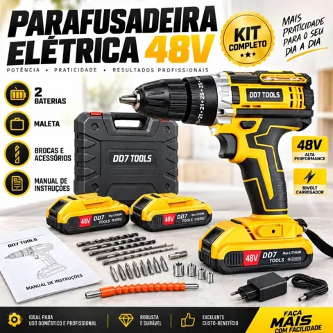 Foto do anúncio: Parafusadeira Furadeira Sem Fio 48V 2 Baterias Lítio Kit Maleta Acessórios 2 Velocidades Luz LED Uso Doméstico