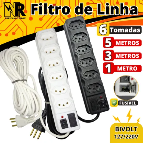 Foto do anúncio: Régua de tomadas com 6 tomadas 0,90cm, 3 e 5 METROS filtro de linha PRETO E BRANCO bivolt proteção