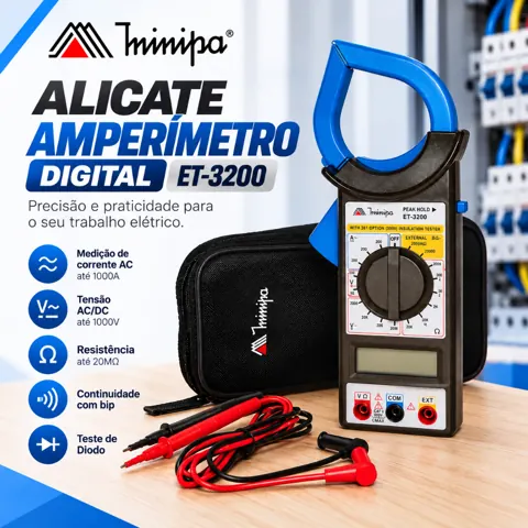 Foto do anúncio: Alicate Amperímetro Digital ET-3200 Minipa Multimetro com Bateria e Bolsa, Beep de Continuidade